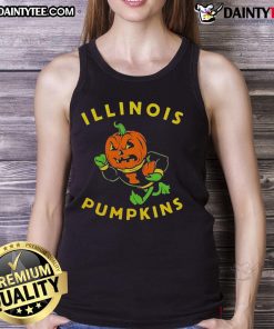 Illinois Fighting Illini mascot in a vibrant tank top surrounded by awesome pumpkins for Halloween festivities.