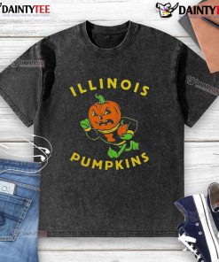 Alt Text: Awesome Illinois pumpkins with Halloween theme and Fighting Illini mascot on a washed t-shirt design.