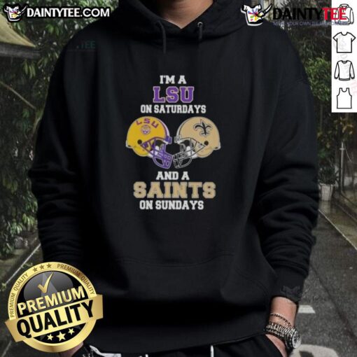 LSU and Saints football helmet hoodie showcasing team spirit for Saturdays and Sundays in vibrant colors.