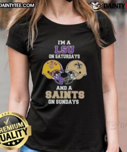 Awesome LSU on Saturdays and Saints on Sundays football helmet ladies tee, perfect for female football fans.