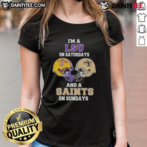 Awesome LSU on Saturdays and Saints on Sundays football helmet ladies tee, perfect for female football fans.