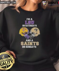 Alt Text: LSU and Saints football helmet sweatshirt perfect for game day, showcasing team pride for Saturdays and Sundays.