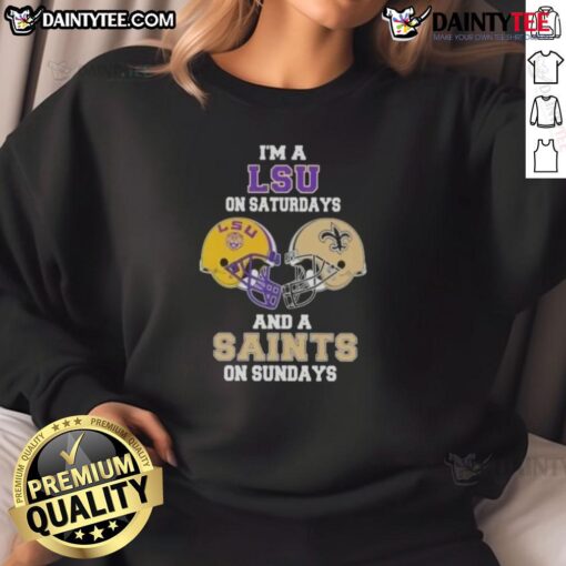 Alt Text: LSU and Saints football helmet sweatshirt perfect for game day, showcasing team pride for Saturdays and Sundays.