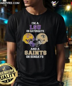 Awesome LSU on Saturdays and Saints on Sundays football helmet t-shirt design featuring vibrant team colors and logos.