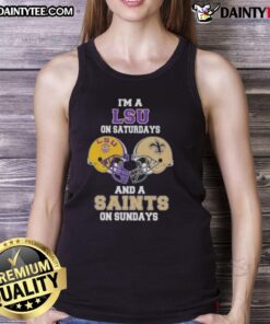 Alt Text: Stylish LSU and Saints football helmet tank top, perfect for game days and showcasing team spirit on Saturdays and Sundays.
