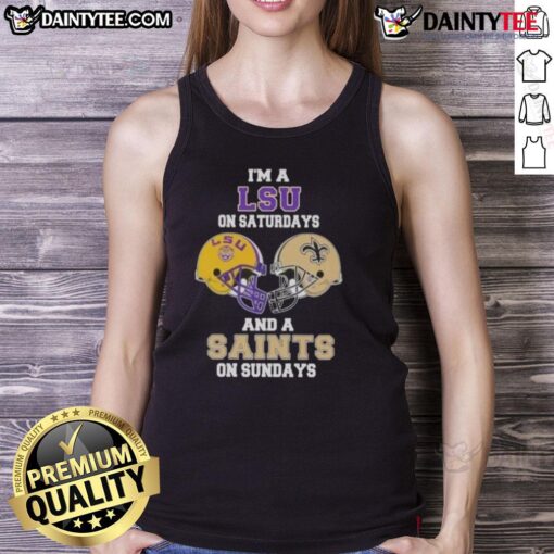 Alt Text: Stylish LSU and Saints football helmet tank top, perfect for game days and showcasing team spirit on Saturdays and Sundays.