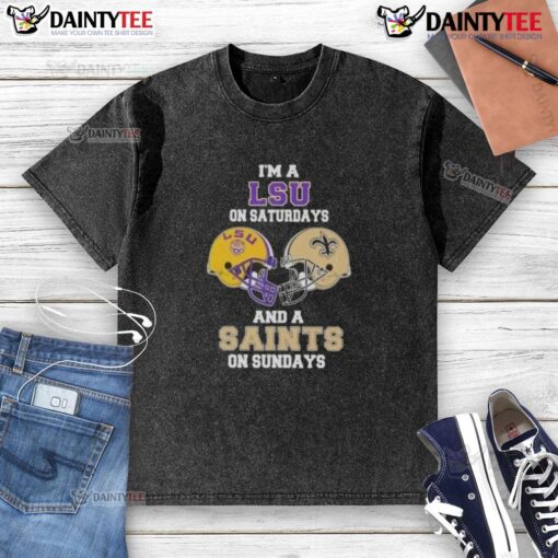 Alt Text: LSU and Saints themed football helmet washed t-shirt, perfect for game day attire on Saturdays and Sundays.