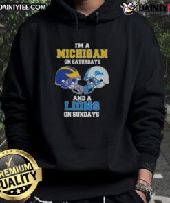 Alt Text: Awesome Michigan on Saturdays and Lions on Sundays football helmet hoodie, perfect for fans of college and NFL football.