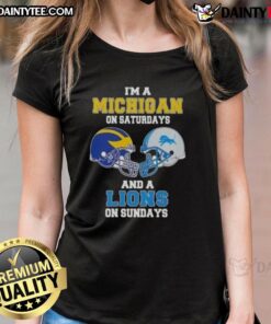 Alt Text: Awesome Im a Michigan on Saturdays and a Lions on Sundays football helmet ladies tee in vibrant colors.