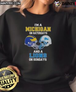 Awesome Michigan on Saturdays and Lions on Sundays football helmet sweatshirt, perfect for fans and game days.