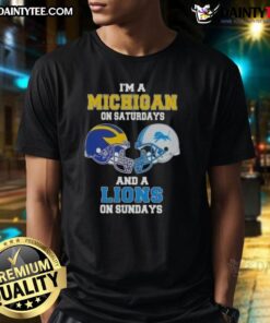 Alt Text: Awesome Michigan on Saturdays and Lions on Sundays football helmet T-shirt featuring team colors and logo design.