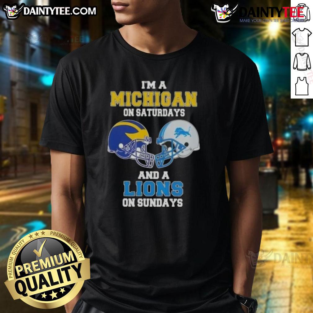 Awesome I'm A Michigan On Saturdays And A Lions On Sundays Football Helmet T-Shirt Alt Text: Awesome Michigan on Saturdays and Lions on Sundays football helmet T-shirt featuring team colors and logo design.