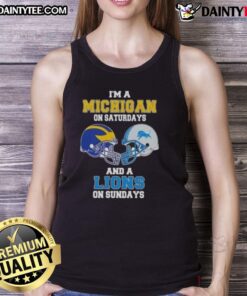 Awesome Michigan on Saturdays and Lions on Sundays football helmet tank top for passionate sports fans.