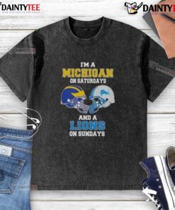 Awesome Michigan on Saturdays and Lions on Sundays football helmet washed t-shirt, perfect for game day style.