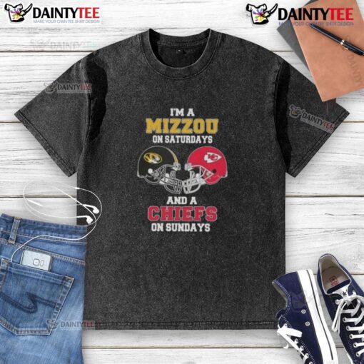 Alt Text: Awesome Mizzou and Chiefs football helmet washed t-shirt, perfect for game day style on Saturdays and Sundays.