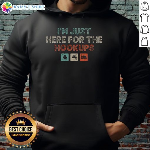 Awesome hoodie for camping enthusiasts featuring 'I'm Just Here For The Hookups' design, perfect for RV camper adventures.