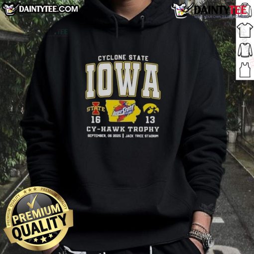 Awesome Iowa Cyclones hoodie featuring the Cy-Hawk trophy at Jack Trice Stadium, perfect for game day fans.