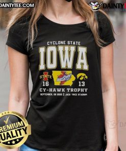 Alt Text: Ladies tee featuring the Cy-Hawk Trophy at Jack Trice Stadium during the Iowa State vs. Iowa Cyclones game.