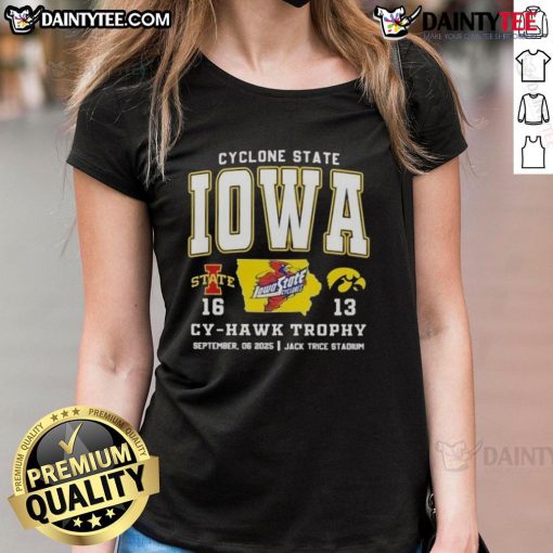 Alt Text: Ladies tee featuring the Cy-Hawk Trophy at Jack Trice Stadium during the Iowa State vs. Iowa Cyclones game.