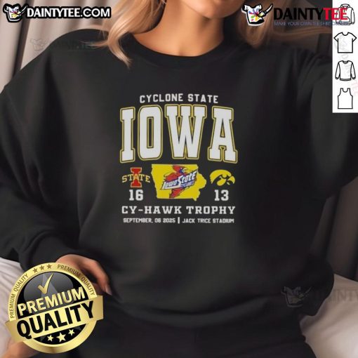 Stylish Iowa State Cyclones sweatshirt featuring the Cy-Hawk Trophy at Jack Trice Stadium, perfect for game day.