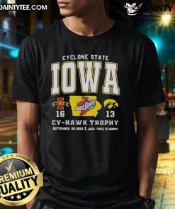Awesome Iowa Cyclones T-shirt featuring Cy-Hawk Trophy at Jack Trice Stadium, perfect for game day against Hawkeyes.