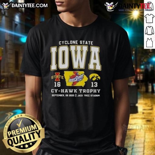 Awesome Iowa Cyclones T-shirt featuring Cy-Hawk Trophy at Jack Trice Stadium, perfect for game day against Hawkeyes.