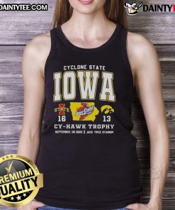 Tank top featuring Iowa Cyclones vs Hawkeyes Cy-Hawk Trophy design at Jack Trice Stadium for fans of college football.