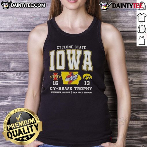 Tank top featuring Iowa Cyclones vs Hawkeyes Cy-Hawk Trophy design at Jack Trice Stadium for fans of college football.