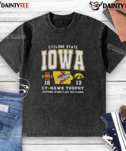 Awesome Iowa State Cyclones vs Hawkeyes Cy-Hawk Trophy t-shirt at Jack Trice Stadium, perfect for game day.