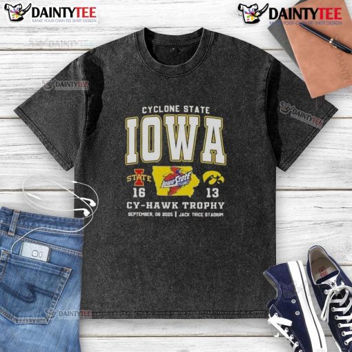 Awesome Iowa State Cyclones vs Hawkeyes Cy-Hawk Trophy t-shirt at Jack Trice Stadium, perfect for game day.