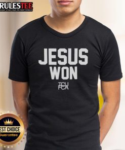 Awesome Jesus Won TCU Football T-Shirt featuring bold graphics and vibrant colors for fans of Texas Christian University.