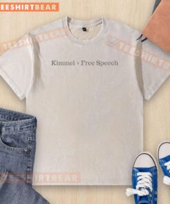 Alt Text: Awesome Jimmy Kimmel Equals Free Speech washed t-shirt design featuring bold graphics and a casual look.