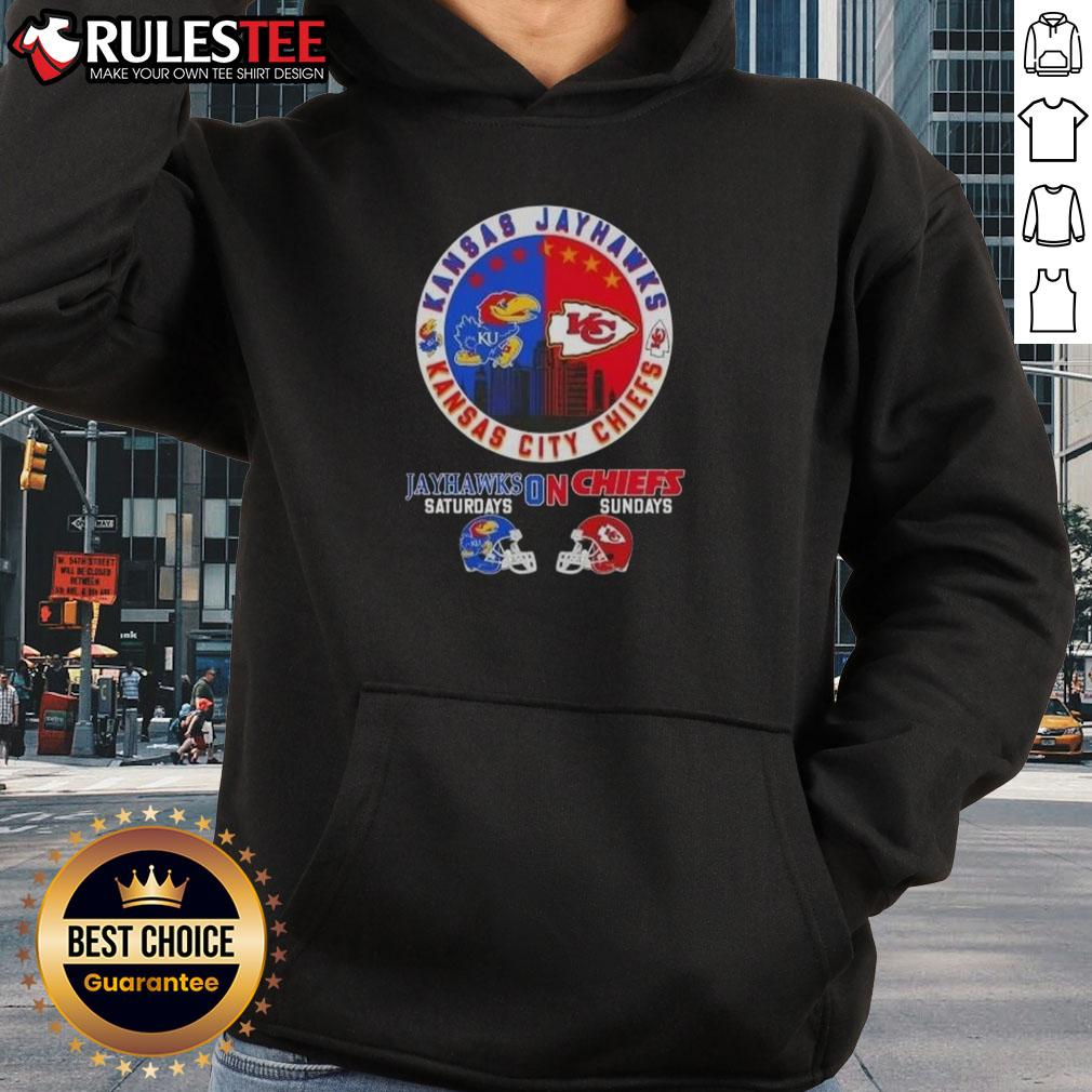 Awesome Kansas Sports Jayhawks Saturdays On Chiefs Sundays Helmets Football Hoodie Awesome Kansas sports hoodie featuring Jayhawks and Chiefs helmets, perfect for Saturdays and Sundays football games.