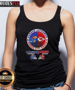 Awesome Kansas Sports tank top featuring Jayhawks and Chiefs helmets, perfect for football Saturdays and Sundays.