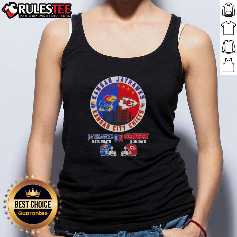 Awesome Kansas Sports Jayhawks Saturdays On Chiefs Sundays Helmets Football Tank Top Awesome Kansas Sports tank top featuring Jayhawks and Chiefs helmets, perfect for football Saturdays and Sundays.