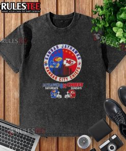 Awesome Kansas Sports Jayhawks Saturdays on Chiefs Sundays football helmet design on a washed t-shirt.
