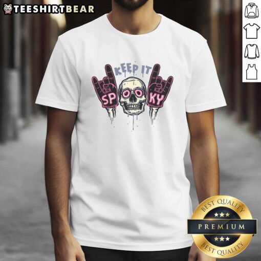 Alt Text: Awesome Keep It Spooky Skull T-Shirt featuring a vibrant skull design, perfect for Halloween enthusiasts.