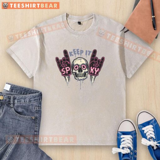 Alt Text: Awesome Keep It Spooky Skull Washed T-Shirt in black with a trendy skull graphic, perfect for Halloween fashion.