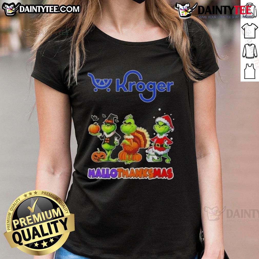 Awesome Kroger X Grinch Cosplay Happy Hallothanksmas Ladies Tee Happy HalloThanksMas ladies wearing Awesome Kroger X Grinch cosplay tee, showcasing festive spirit and holiday cheer.