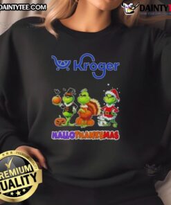 Awesome Kroger X Grinch cosplay sweatshirt for Happy HalloThanksMas, featuring festive designs and vibrant colors.