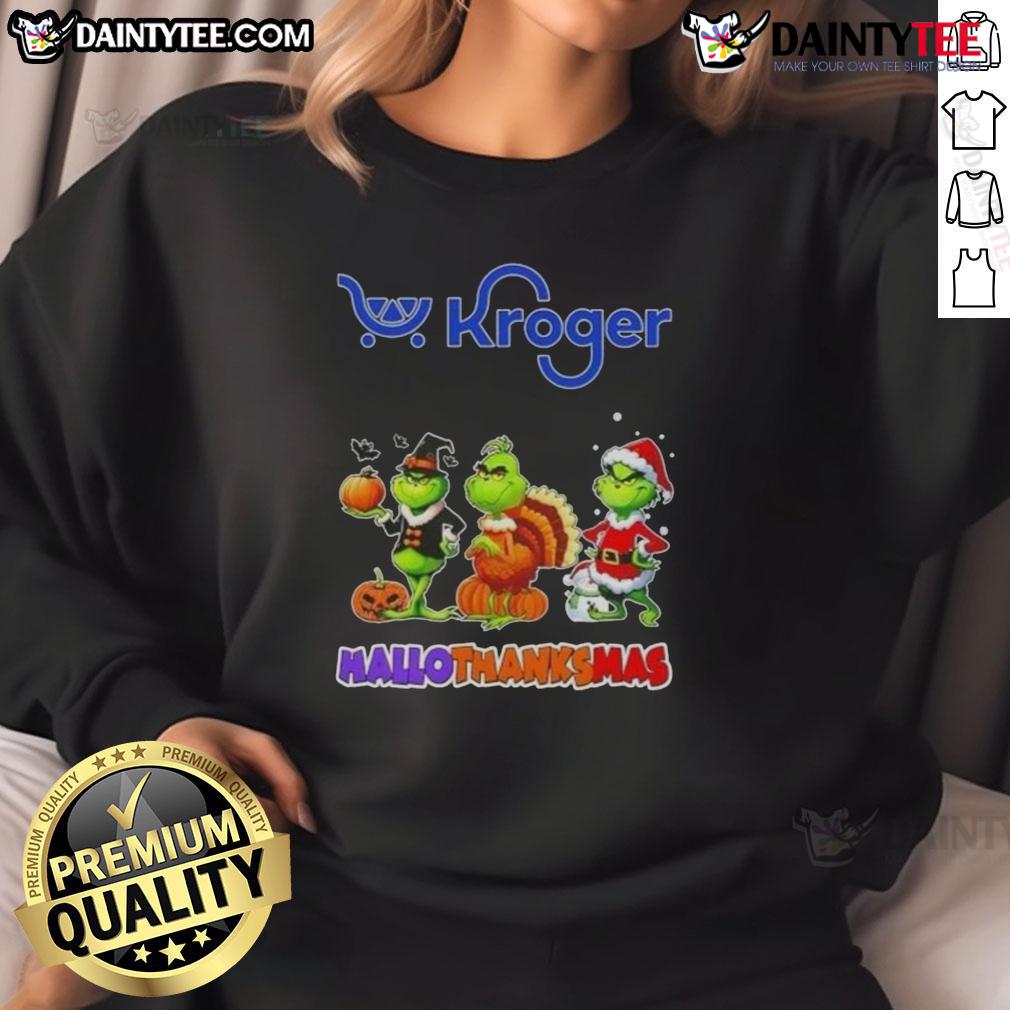 Awesome Kroger X Grinch Cosplay Happy Hallothanksmas Sweatshirt Awesome Kroger X Grinch cosplay sweatshirt for Happy HalloThanksMas, featuring festive designs and vibrant colors.