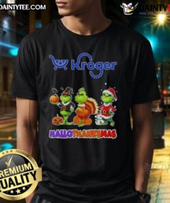 Awesome Kroger X Grinch Cosplay Happy Hallothanksmas T-Shirt featuring festive designs and vibrant colors for holiday fun.
