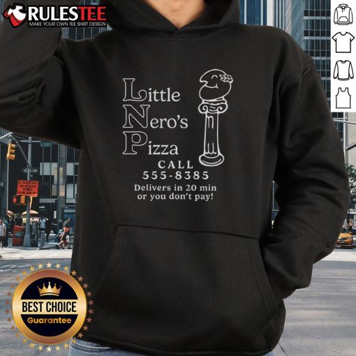 Awesome Little Nero's Pizza hoodie featuring delivery call 555-8385, promoting 20-minute delivery service.