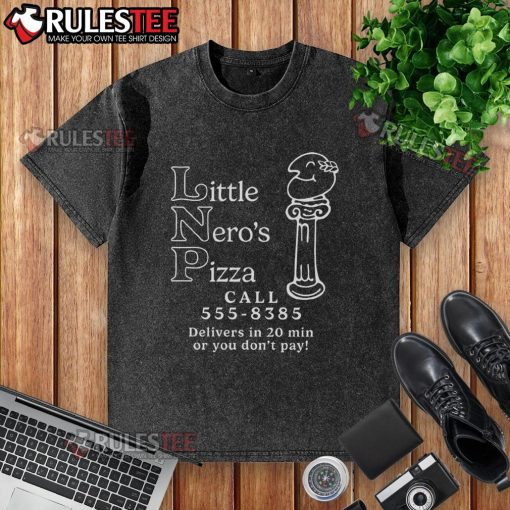 Awesome Little Nero's Pizza t-shirt with 'Call 555-8385' for 20 min delivery, showcasing fun pizza-themed design.