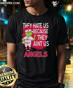 Alt Text: Awesome Los Angeles Angels Grinch Christmas T-Shirt featuring 'They Hate Ain't Us' design for fans.