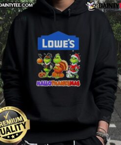 Awesome Lowe's X Grinch cosplay hoodie for Happy HalloThanksMas, featuring festive design and vibrant colors.