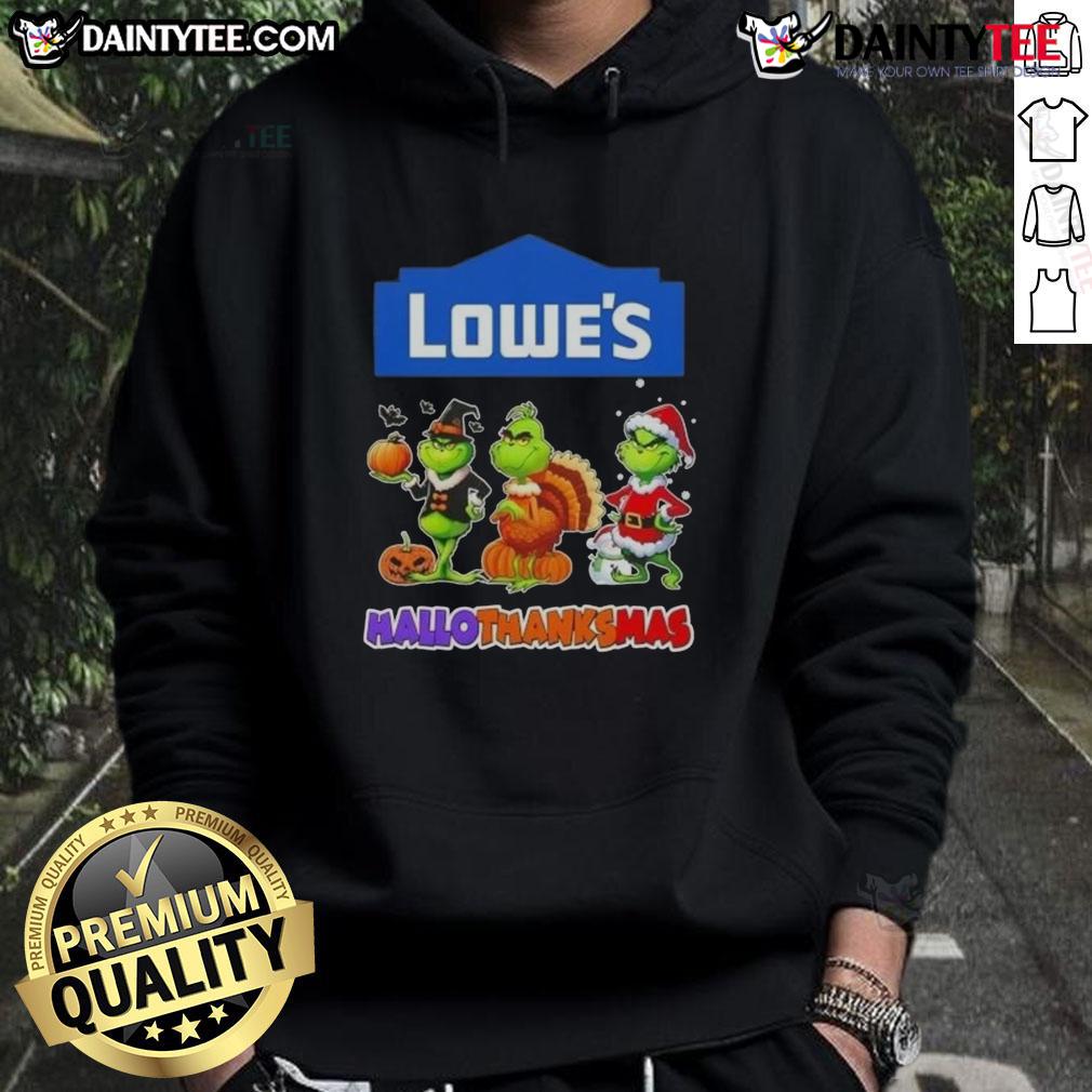 Awesome Lowe’S X Grinch Cosplay Happy Hallothanksmas Hoodie Awesome Lowe's X Grinch cosplay hoodie for Happy HalloThanksMas, featuring festive design and vibrant colors.