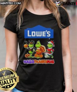 Awesome Lowe's X Grinch cosplay tee for women celebrating HalloThanksMas with festive design and vibrant colors.