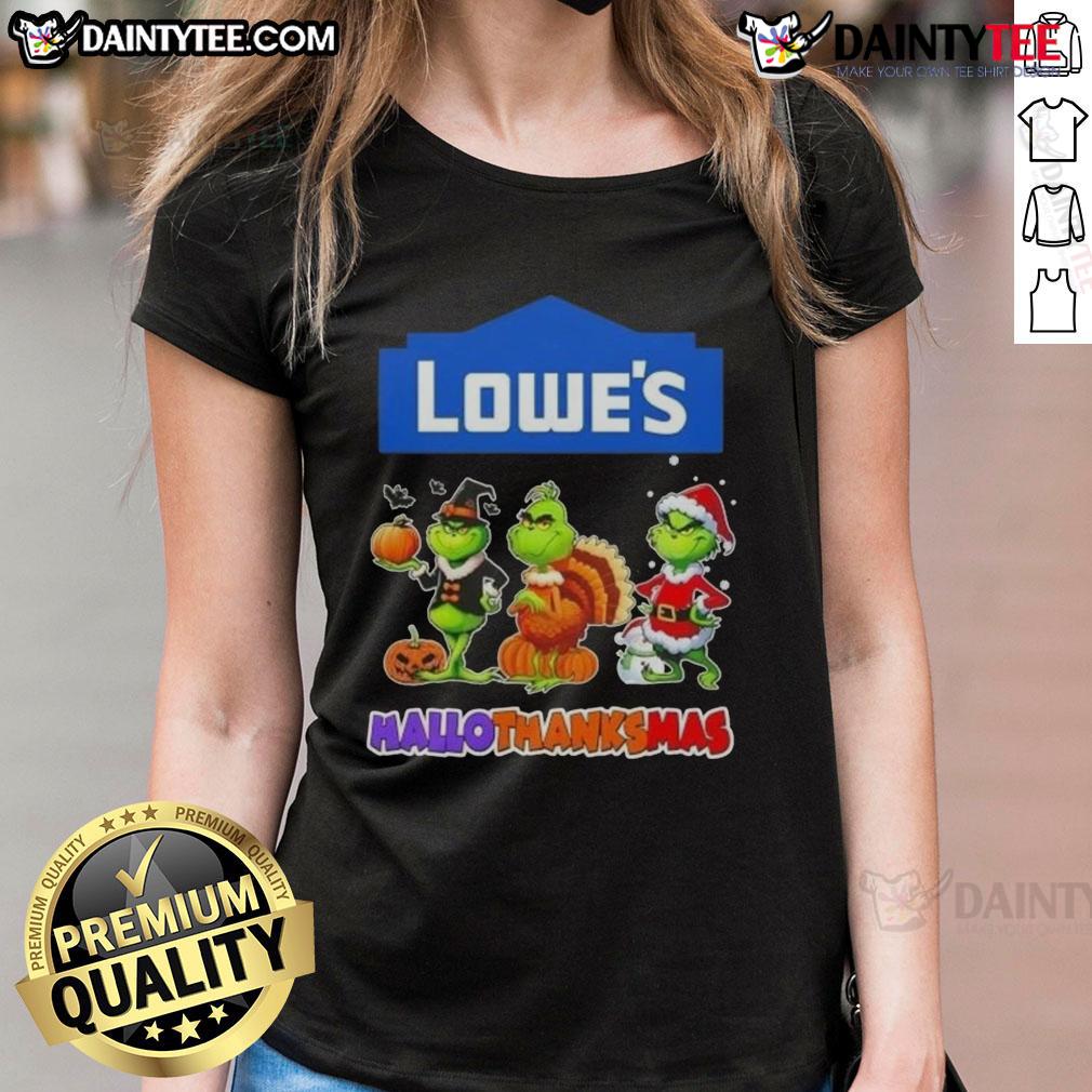 Awesome Lowe’S X Grinch Cosplay Happy Hallothanksmas Ladies Tee Awesome Lowe's X Grinch cosplay tee for women celebrating HalloThanksMas with festive design and vibrant colors.