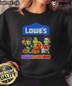 Awesome Lowe's X Grinch Cosplay sweatshirt for Happy HalloThanksMas, featuring festive designs and vibrant colors.
